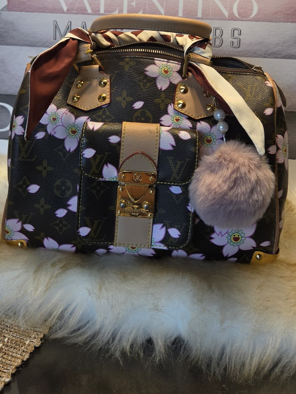 Monogram Satchel with Pink Floral Print and Beige Trim